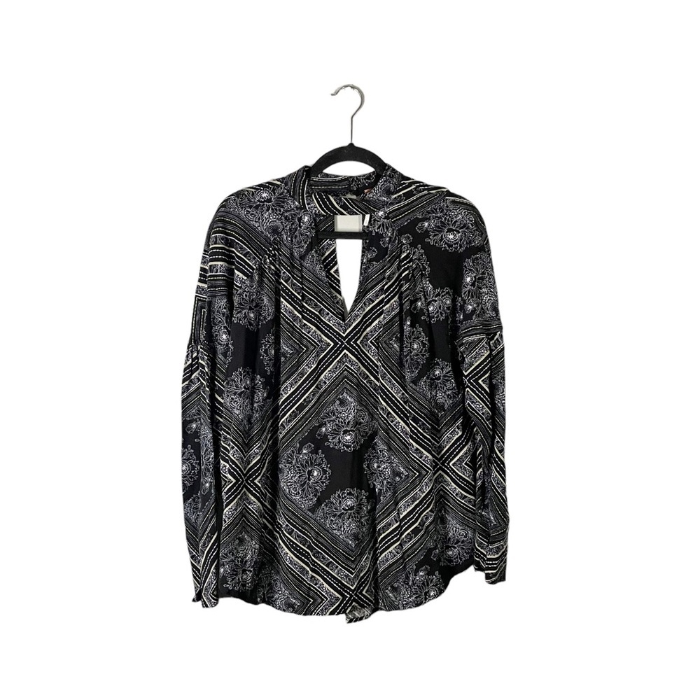 Free People Choker Neck Cutout Neckline Patterned Boho Loose Fir Blouse Small